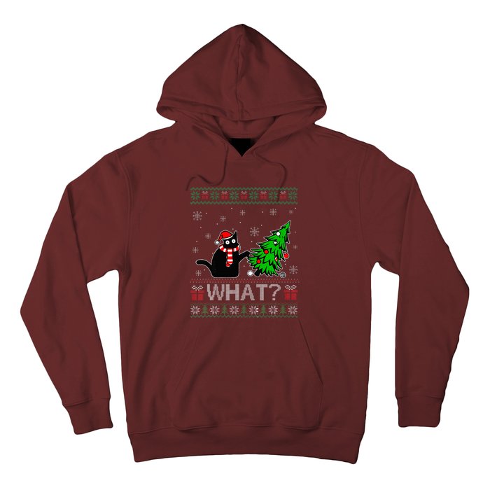 Cat What Funny Black Cat Pushing Christmas Tree Ugly Xmas Hoodie