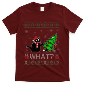 Cat What Funny Black Cat Pushing Christmas Tree Ugly Xmas T-Shirt