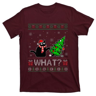 Cat What Funny Black Cat Pushing Christmas Tree Ugly Xmas T-Shirt