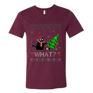 Cat What Funny Black Cat Pushing Christmas Tree Ugly Xmas V-Neck T-Shirt