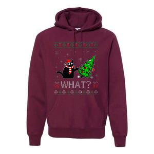 Cat What Funny Black Cat Pushing Christmas Tree Ugly Xmas Premium Hoodie