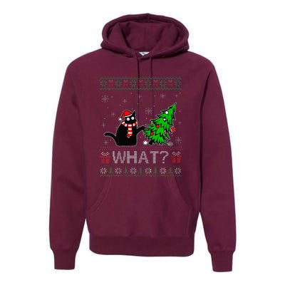 Cat What Funny Black Cat Pushing Christmas Tree Ugly Xmas Premium Hoodie