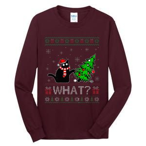 Cat What Funny Black Cat Pushing Christmas Tree Ugly Xmas Tall Long Sleeve T-Shirt