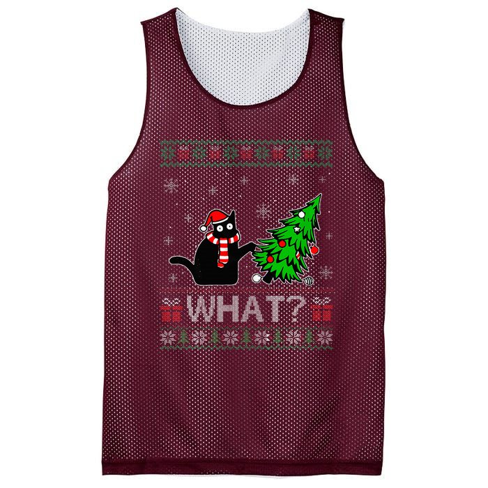 Cat What Funny Black Cat Pushing Christmas Tree Ugly Xmas Mesh Reversible Basketball Jersey Tank