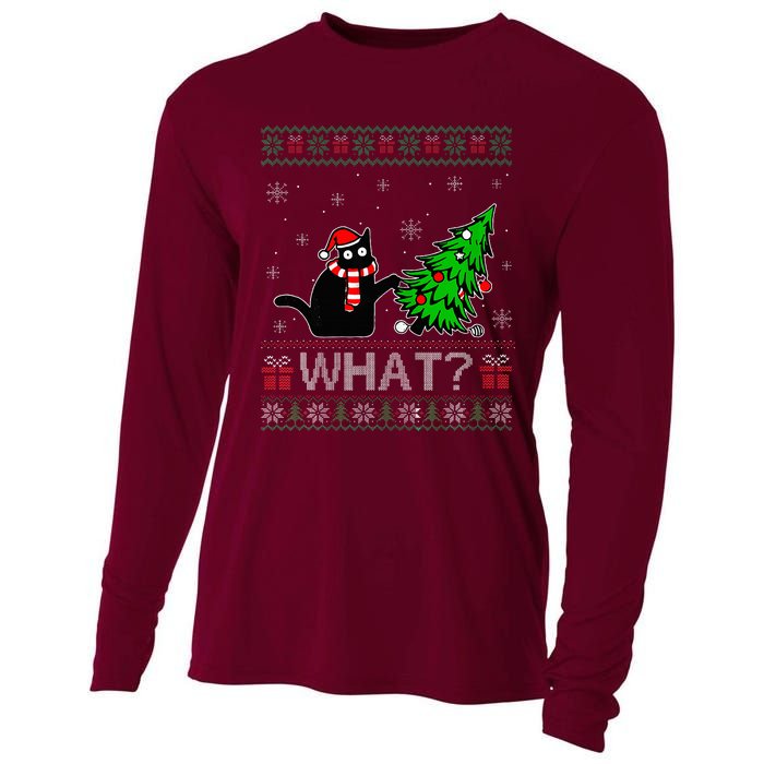 Cat What Funny Black Cat Pushing Christmas Tree Ugly Xmas Cooling Performance Long Sleeve Crew