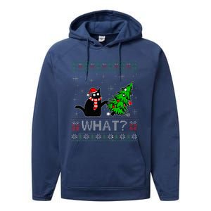 Cat What Funny Black Cat Pushing Christmas Tree Ugly Xmas Performance Fleece Hoodie