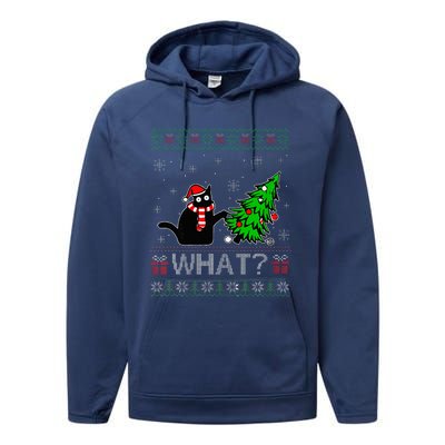 Cat What Funny Black Cat Pushing Christmas Tree Ugly Xmas Performance Fleece Hoodie