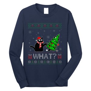 Cat What Funny Black Cat Pushing Christmas Tree Ugly Xmas Long Sleeve Shirt