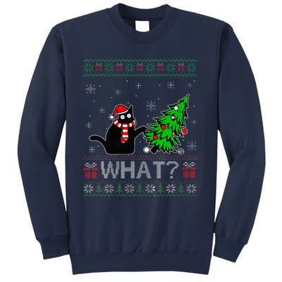 Cat What Funny Black Cat Pushing Christmas Tree Ugly Xmas Sweatshirt