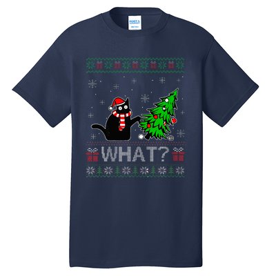 Cat What Funny Black Cat Pushing Christmas Tree Ugly Xmas Tall T-Shirt