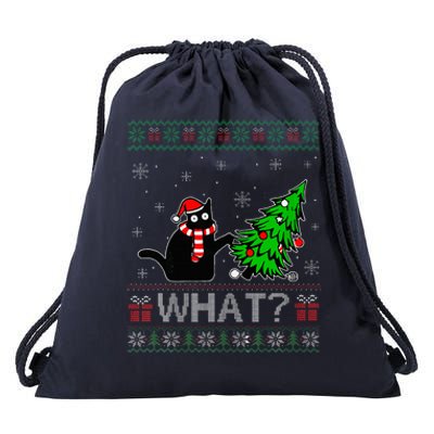 Cat What Funny Black Cat Pushing Christmas Tree Ugly Xmas Drawstring Bag