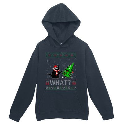 Cat What Funny Black Cat Pushing Christmas Tree Ugly Xmas Urban Pullover Hoodie