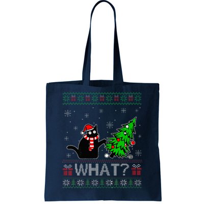 Cat What Funny Black Cat Pushing Christmas Tree Ugly Xmas Tote Bag