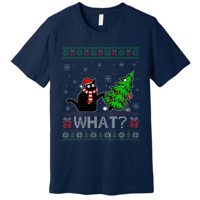 Cat What Funny Black Cat Pushing Christmas Tree Ugly Xmas Premium T-Shirt