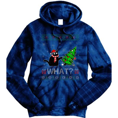 Cat What Funny Black Cat Pushing Christmas Tree Ugly Xmas Tie Dye Hoodie