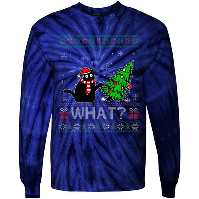 Cat What Funny Black Cat Pushing Christmas Tree Ugly Xmas Tie-Dye Long Sleeve Shirt