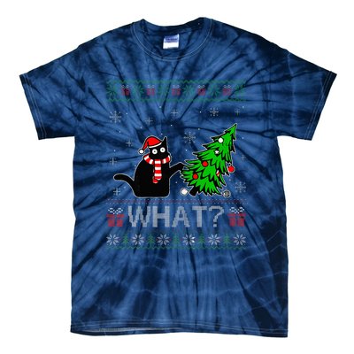 Cat What Funny Black Cat Pushing Christmas Tree Ugly Xmas Tie-Dye T-Shirt