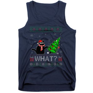 Cat What Funny Black Cat Pushing Christmas Tree Ugly Xmas Tank Top