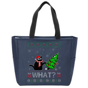 Cat What Funny Black Cat Pushing Christmas Tree Ugly Xmas Zip Tote Bag