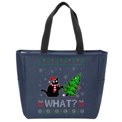 Cat What Funny Black Cat Pushing Christmas Tree Ugly Xmas Zip Tote Bag