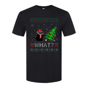 Cat What Funny Black Cat Pushing Christmas Tree Ugly Xmas Softstyle CVC T-Shirt