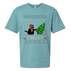 Cat What Funny Black Cat Pushing Christmas Tree Ugly Xmas Sueded Cloud Jersey T-Shirt