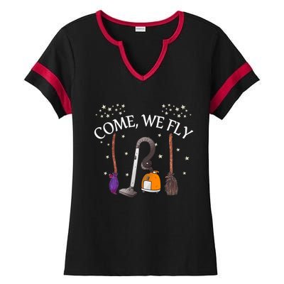 Come We Fly Witch Broom Vacuum Flying Halloween Cute Gift Ladies Halftime Notch Neck Tee