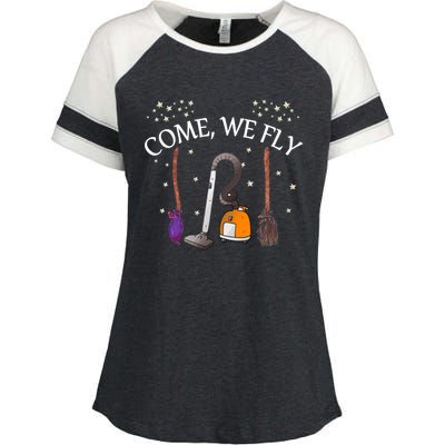 Come We Fly Witch Broom Vacuum Flying Halloween Cute Gift Enza Ladies Jersey Colorblock Tee