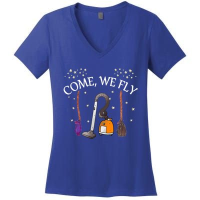 Come We Fly Witch Broom Vacuum Flying Halloween Cute Gift Women's V-Neck T-Shirt