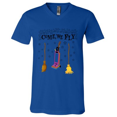 Come We Fly Witch Mop Broom Vacuum Flying Halloween Night Gift V-Neck T-Shirt