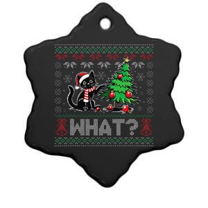 Cat What Funny Black Cat Pushing Christmas Tree Ugly Xmas Ceramic Star Ornament