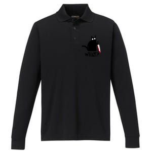 Cat What? Funny Black Cagreat Gift Murderous Cat With Knife Cute Gift Performance Long Sleeve Polo