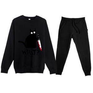 Cat What? Funny Black Cagreat Gift Murderous Cat With Knife Cute Gift Premium Crewneck Sweatsuit Set