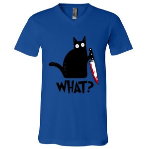 Cat What? Funny Black Cagreat Gift Murderous Cat With Knife Cute Gift V-Neck T-Shirt