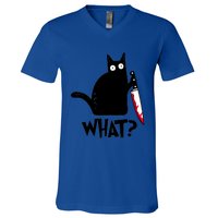 Cat What? Funny Black Cagreat Gift Murderous Cat With Knife Cute Gift V-Neck T-Shirt