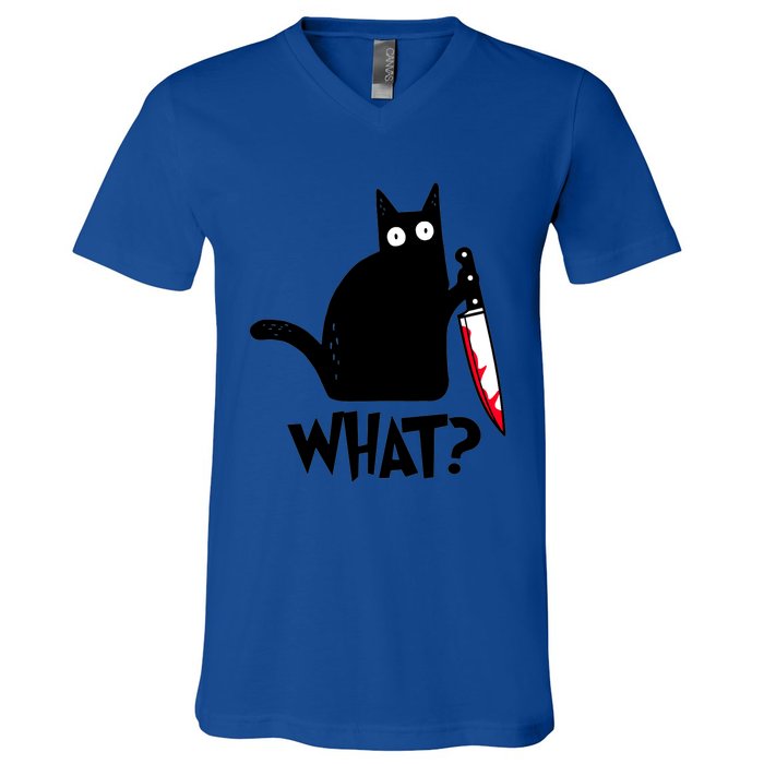 Cat What? Funny Black Cagreat Gift Murderous Cat With Knife Cute Gift V-Neck T-Shirt