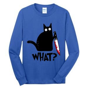 Cat What? Funny Black Cagreat Gift Murderous Cat With Knife Cute Gift Tall Long Sleeve T-Shirt