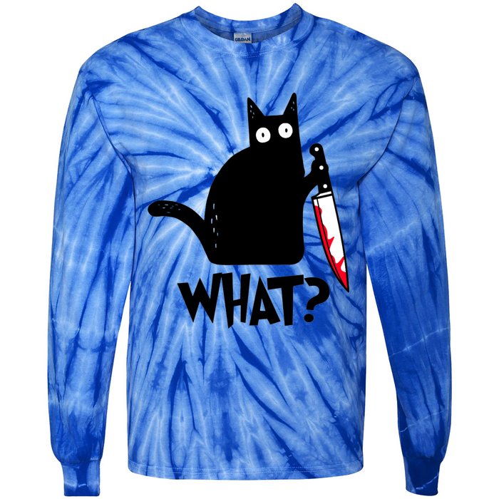 Cat What? Funny Black Cagreat Gift Murderous Cat With Knife Cute Gift Tie-Dye Long Sleeve Shirt