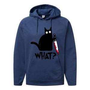 Cat What? Funny Black Cagreat Gift Murderous Cat With Knife Cute Gift Performance Fleece Hoodie