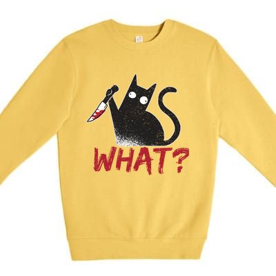 Cat What? Funny Black Cat Murderous Cat With Knife Cool Gift Premium Crewneck Sweatshirt