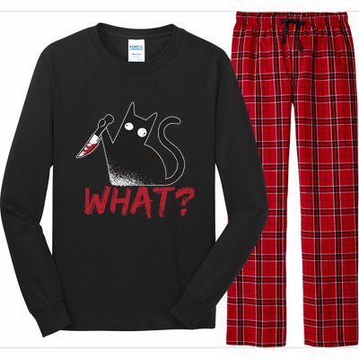 Cat What? Funny Black Cat Murderous Cat With Knife Cool Gift Long Sleeve Pajama Set