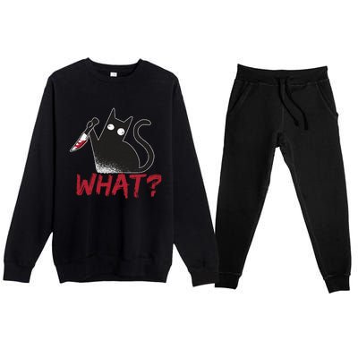 Cat What? Funny Black Cat Murderous Cat With Knife Cool Gift Premium Crewneck Sweatsuit Set