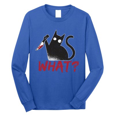 Cat What? Funny Black Cat Murderous Cat With Knife Cool Gift Long Sleeve Shirt