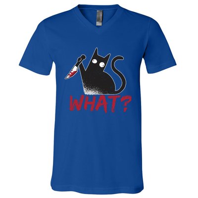 Cat What? Funny Black Cat Murderous Cat With Knife Cool Gift V-Neck T-Shirt