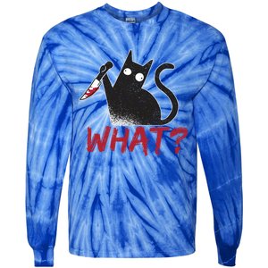 Cat What? Funny Black Cat Murderous Cat With Knife Cool Gift Tie-Dye Long Sleeve Shirt