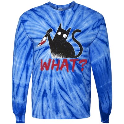 Cat What? Funny Black Cat Murderous Cat With Knife Cool Gift Tie-Dye Long Sleeve Shirt