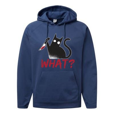 Cat What? Funny Black Cat Murderous Cat With Knife Cool Gift Performance Fleece Hoodie