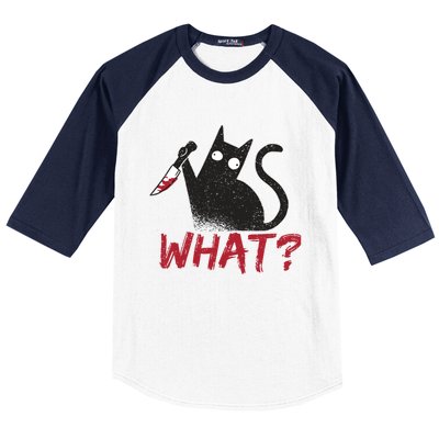 Cat What? Funny Black Cat Murderous Cat With Knife Cool Gift Baseball Sleeve Shirt