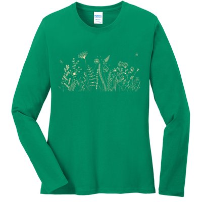 Cute Wildflowers Floral Nature Doodle Ladies Long Sleeve Shirt