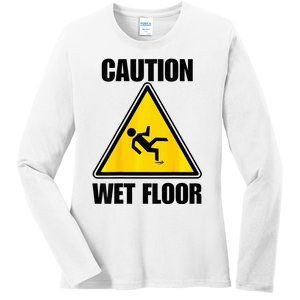 Caution Wet Floor Sign Funny Lazy Easy Halloween Costume Ladies Long Sleeve Shirt